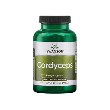 A bottle of Swanson Cordyceps 600 mg, a natural energizer from the Tibetan highlands, contains 120 herbal supplement capsules.